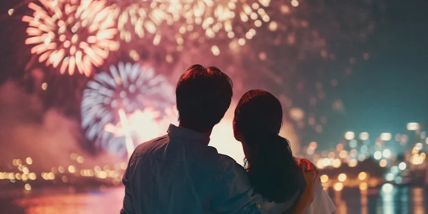 Ein Mann und eine Frau genießen das Neujahrsfeuerwerk