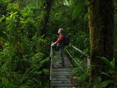 Ein Mann steht auf einer Brücke im costaricanischen Dschungel