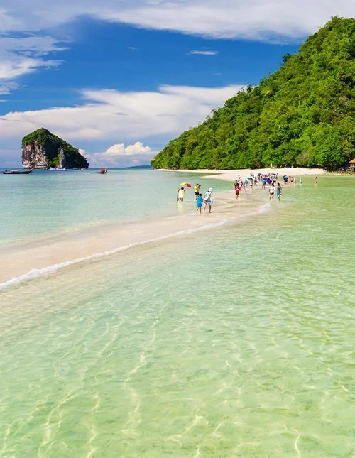 Blick auf eine Bucht in Thailand bei Sonnenuntergang, mit Stadtlichtern und grünen Hügeln